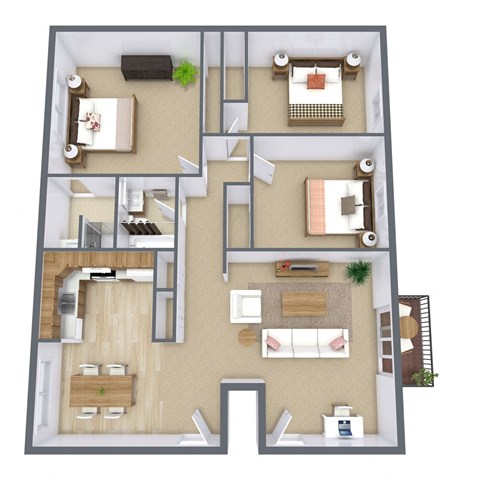 Floor plan for 3 beds, 2 baths, 1305 sqft